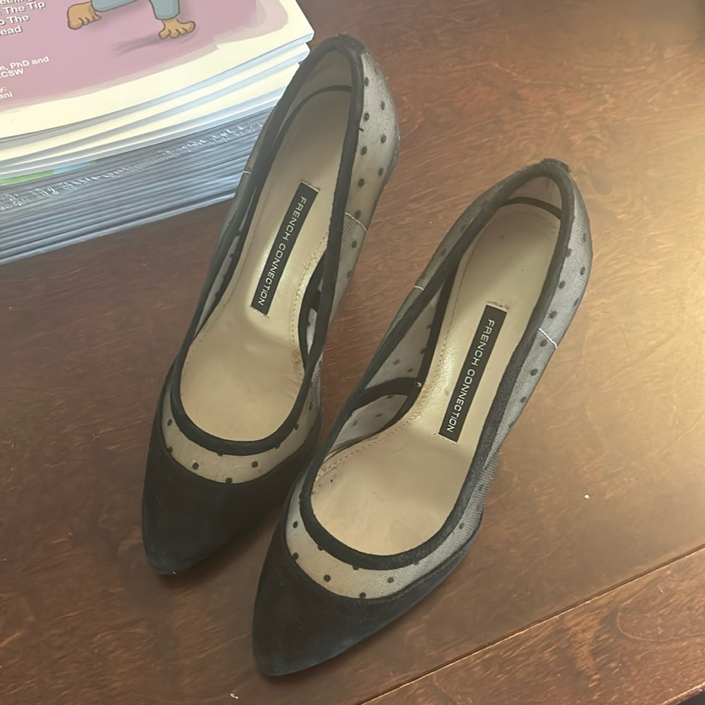 French connection mesh polka dot suede heels